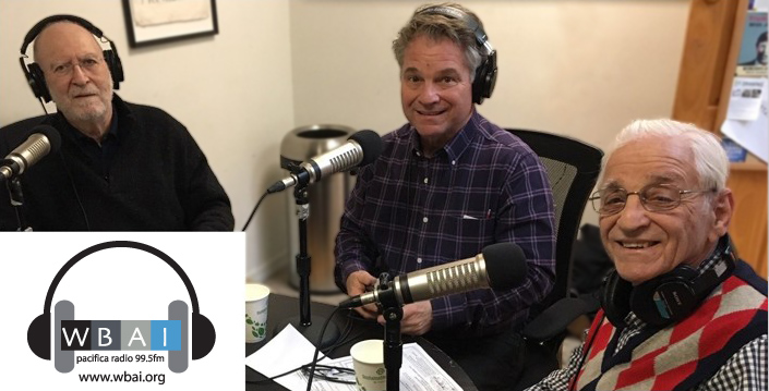 Photo: Leonard Lopate sitting with Alvin Ubell and Larry Ubell in the WBAI studio